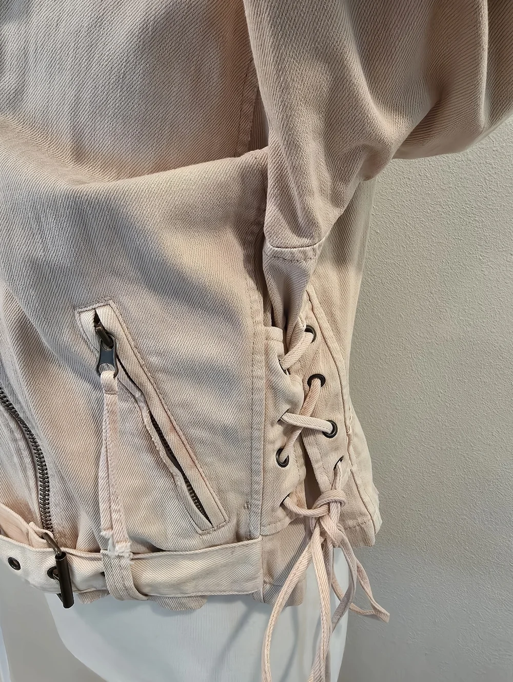 Free People Oversized Denim Pink Moto Jacket - Picture 9 of 11